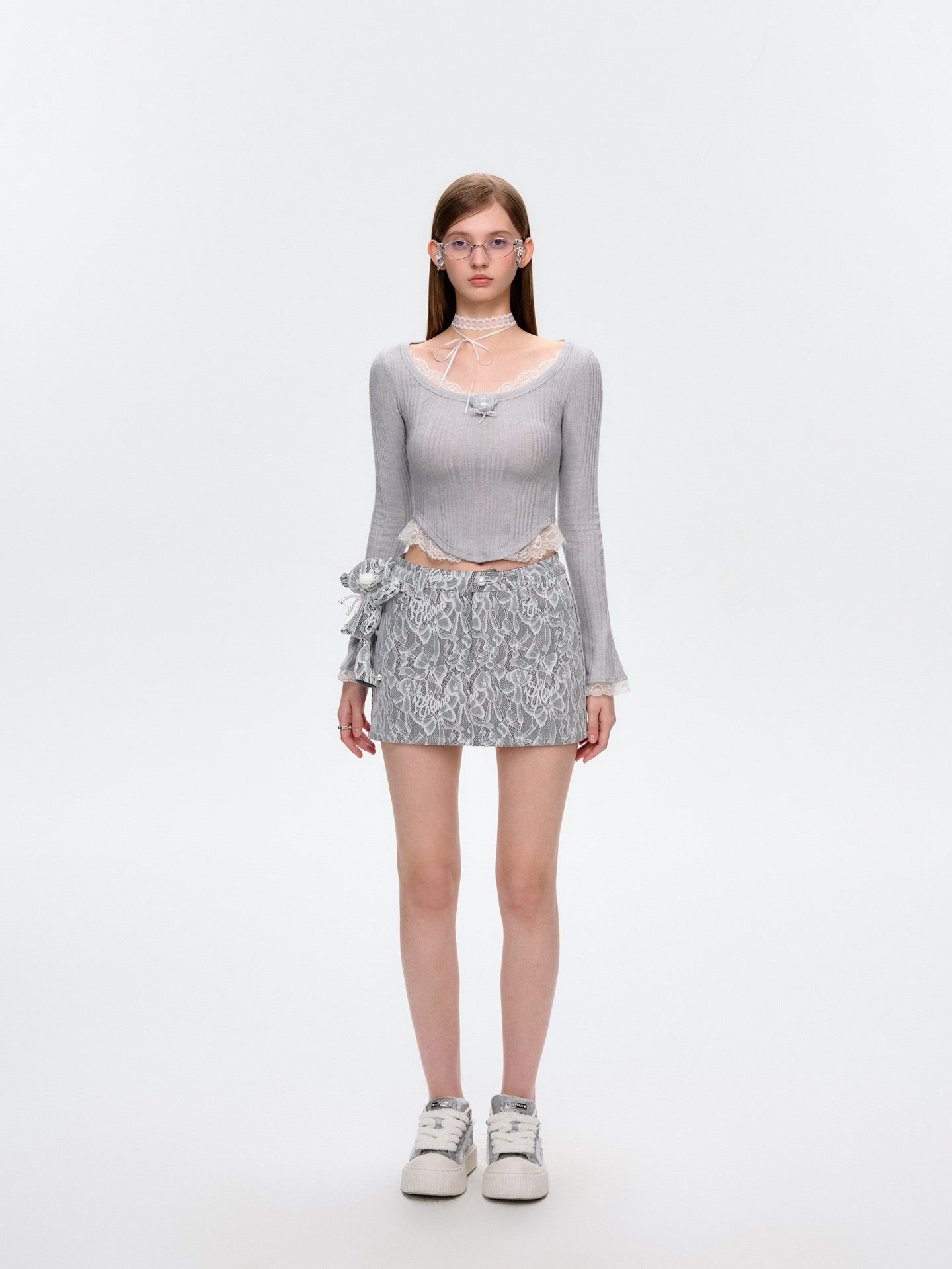 13DE MARZO Bear Lacy Denim Skirt Grey