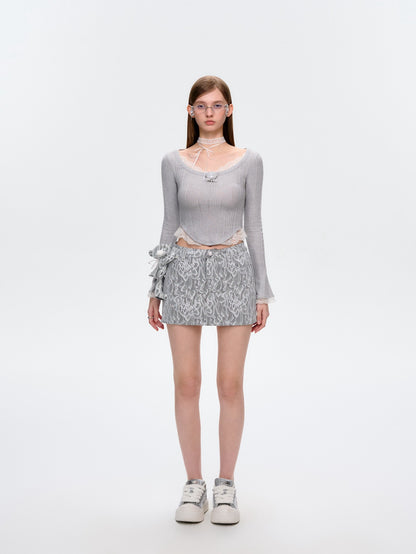 13DE MARZO Bear Lacy Denim Skirt Grey