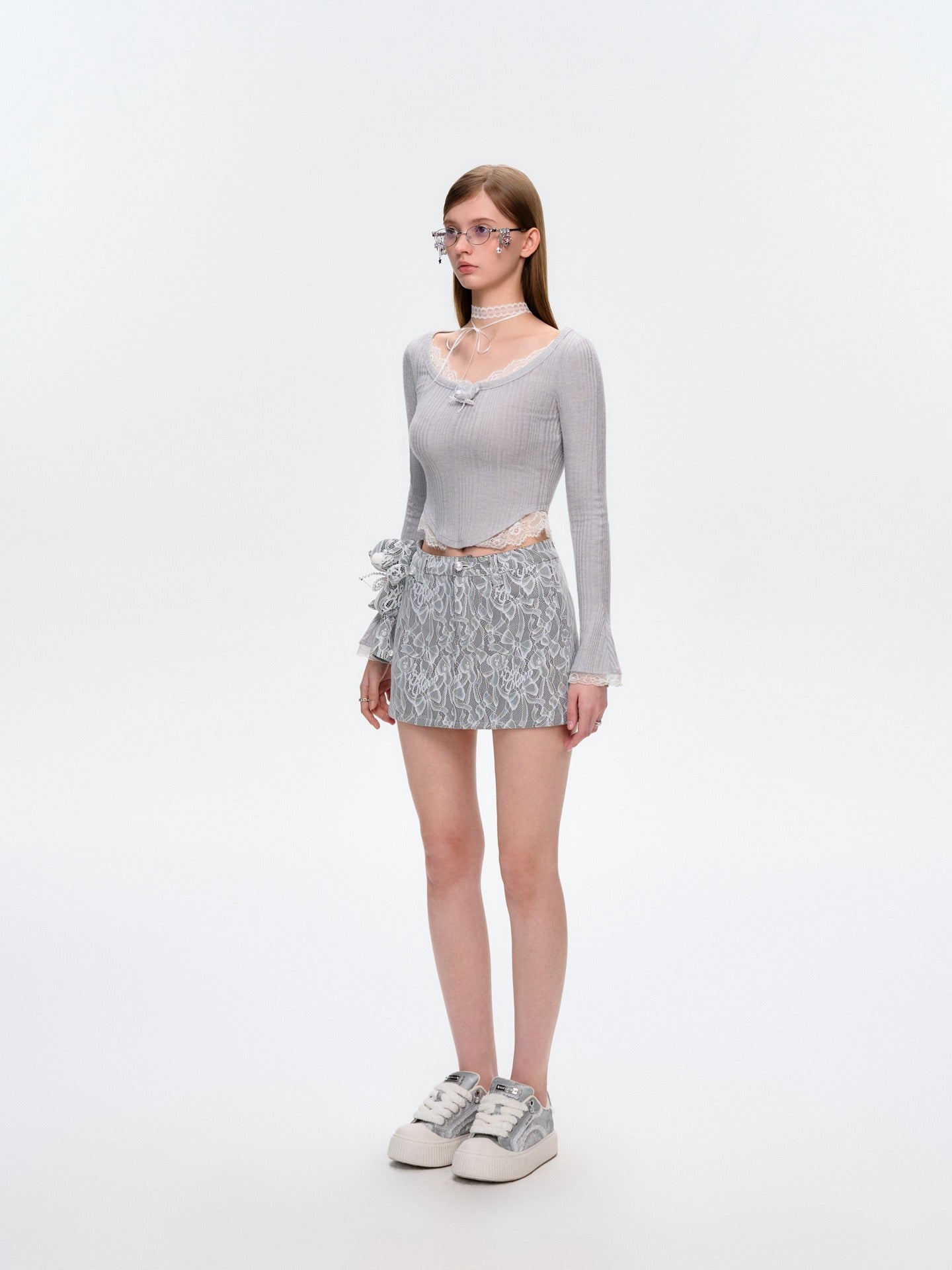 13DE MARZO Bear Lacy Denim Skirt Grey