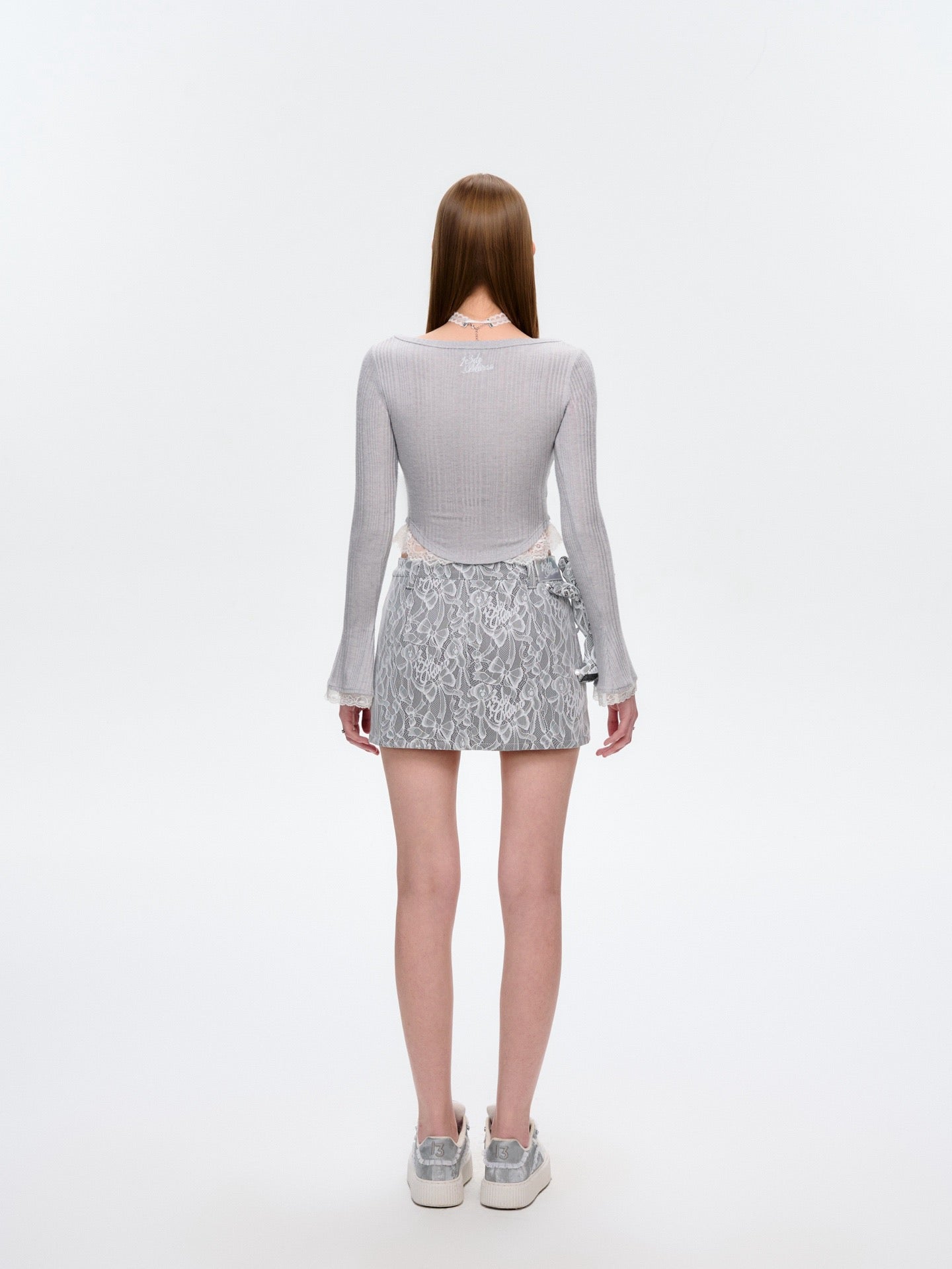 13DE MARZO Bear Lacy Denim Skirt Grey