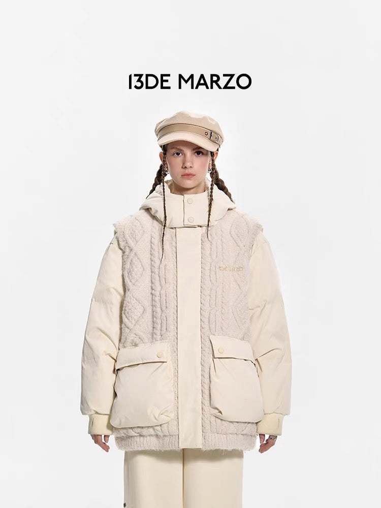 13DE MARZO Bear Weave Knit Patch Down Jacket Cannoli Cream