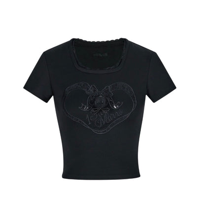 13DE MARZO Bear Lacy Bowknot Top Black