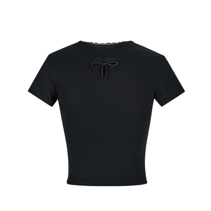 13DE MARZO Bear Lacy Bowknot Top Black