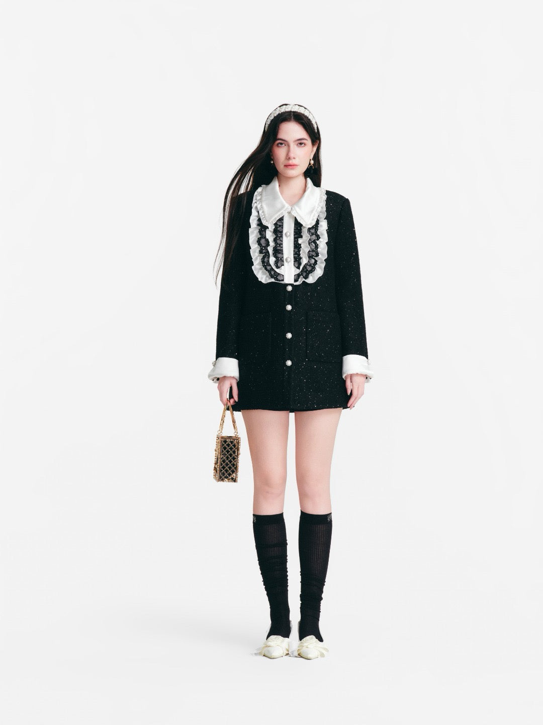 DIANA VEVINA Palace Faux-Layer Ruffled Satin Coat