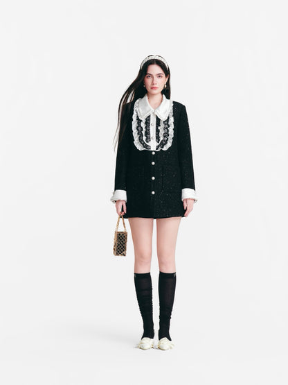 DIANA VEVINA Palace Faux-Layer Ruffled Satin Coat