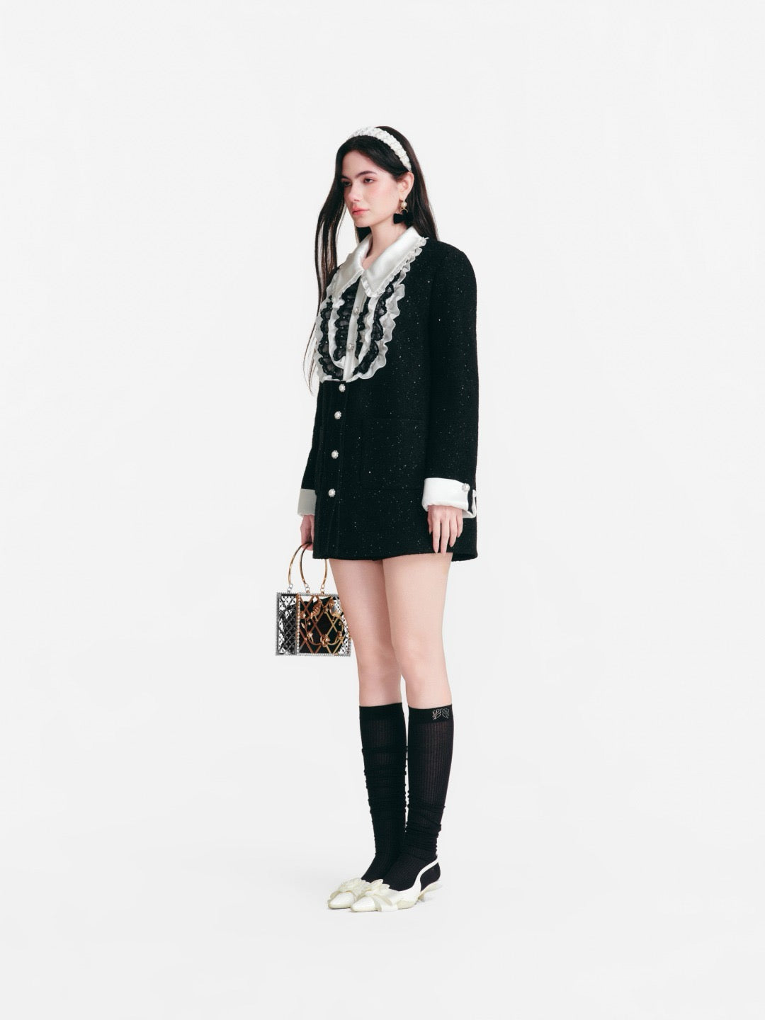 DIANA VEVINA Palace Faux-Layer Ruffled Satin Coat