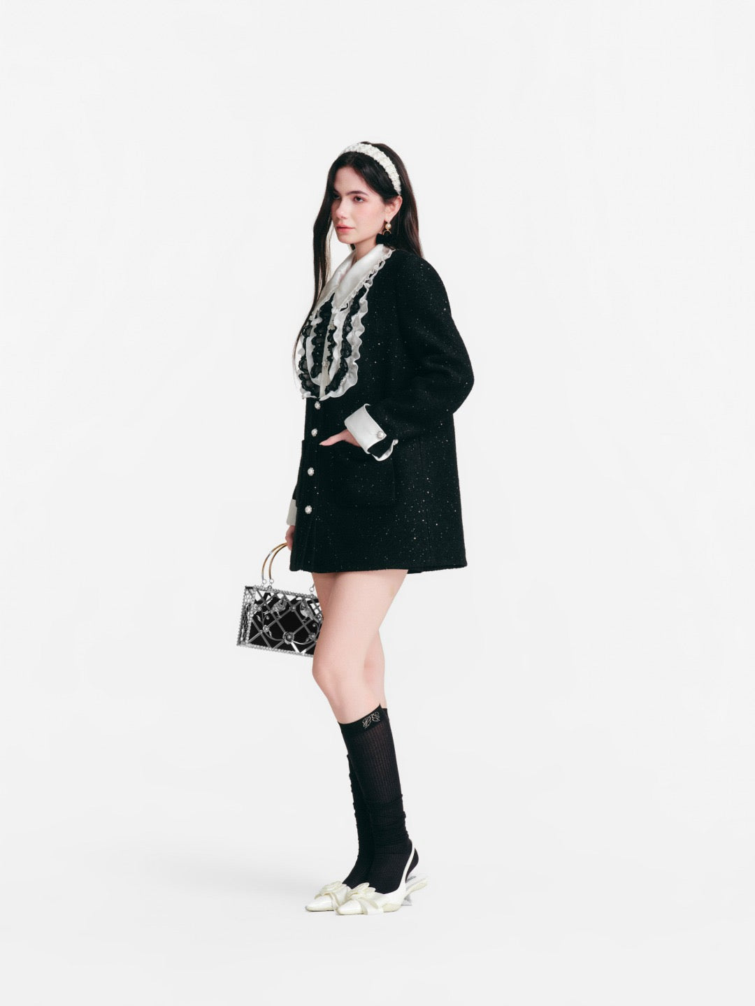 DIANA VEVINA Palace Faux-Layer Ruffled Satin Coat