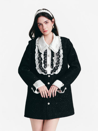 DIANA VEVINA Palace Faux-Layer Ruffled Satin Coat
