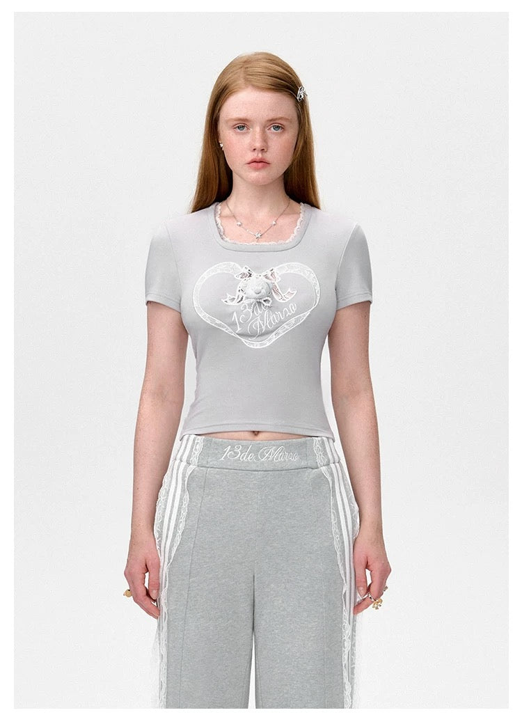 13DE MARZO Bear Lacy Bowknot Top Grey