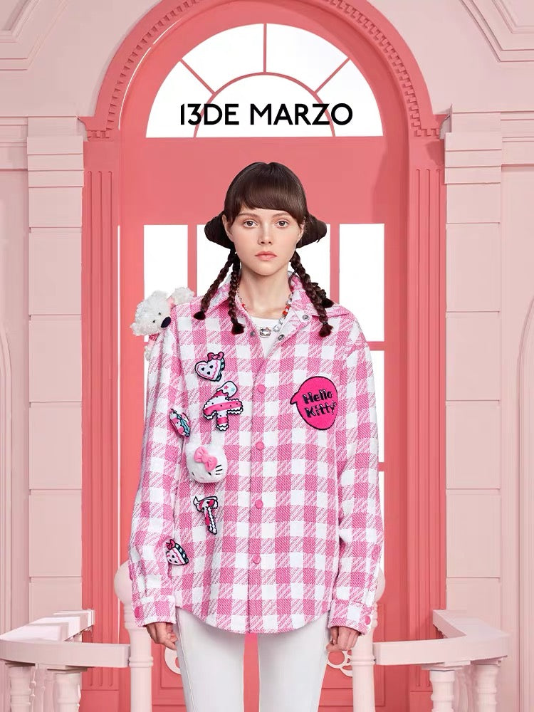 13DE MARZO Hello Kitty Bear Plaid Shirt Shocking Pink
