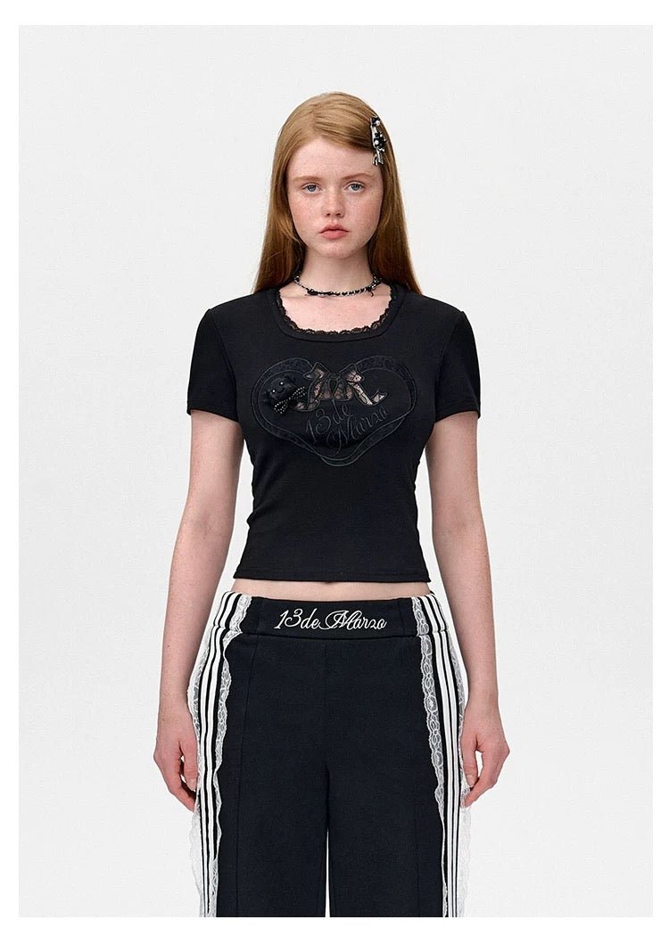 13DE MARZO Bear Lacy Bowknot Top Black