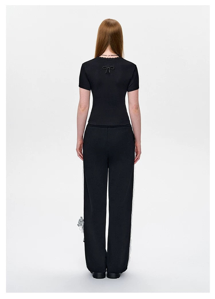 13DE MARZO Bear Lacy Bowknot Top Black