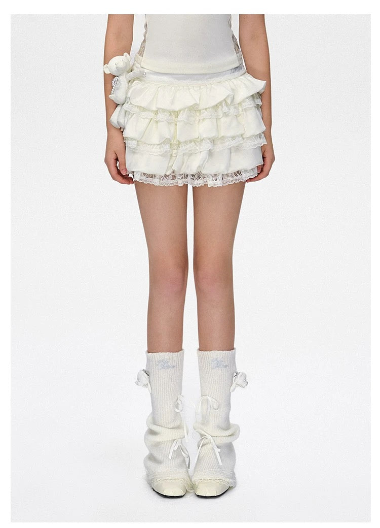 13DE MARZO Bear Lacy Bud Skirt White