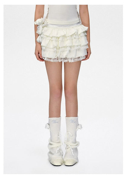 13DE MARZO Bear Lacy Bud Skirt White