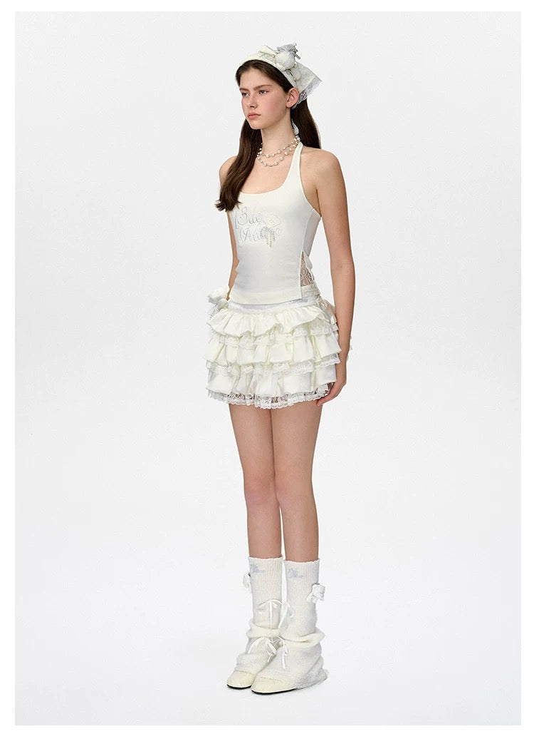 13DE MARZO Bear Lacy Bud Skirt White