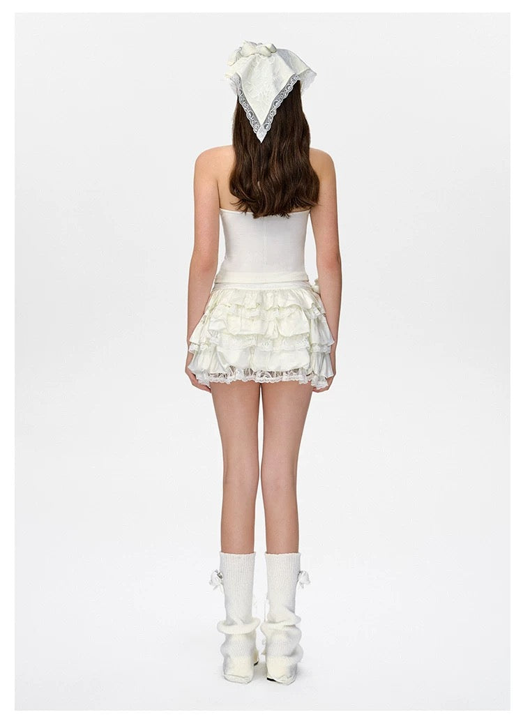 13DE MARZO Bear Lacy Bud Skirt White