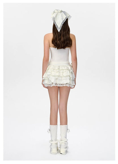 13DE MARZO Bear Lacy Bud Skirt White