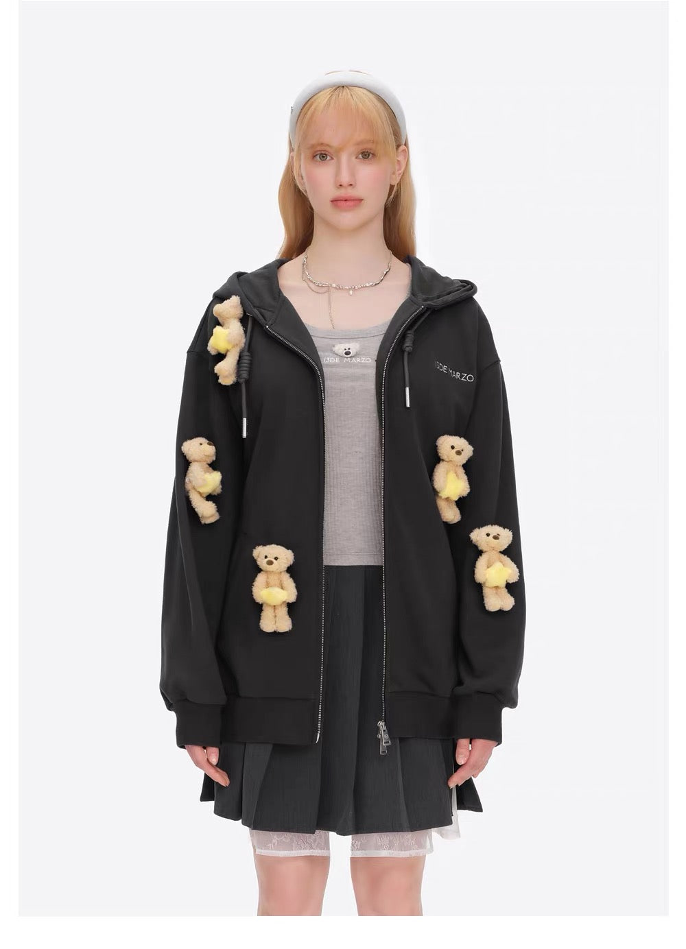 13DE MARZO Lumi Star Bear Zip Hoodie Dark Grey