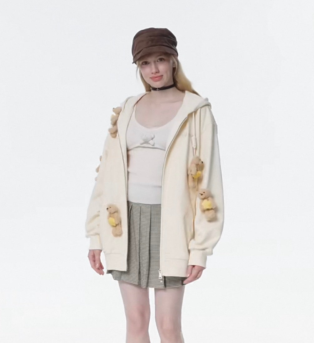 13DE MARZO Lumi Star Bear Zip Hoodie Beige