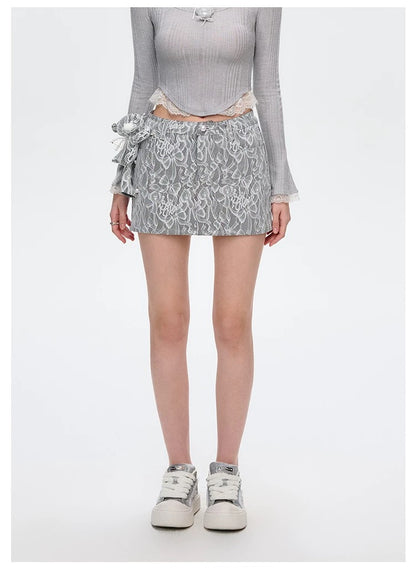 13DE MARZO Bear Lacy Denim Skirt Grey