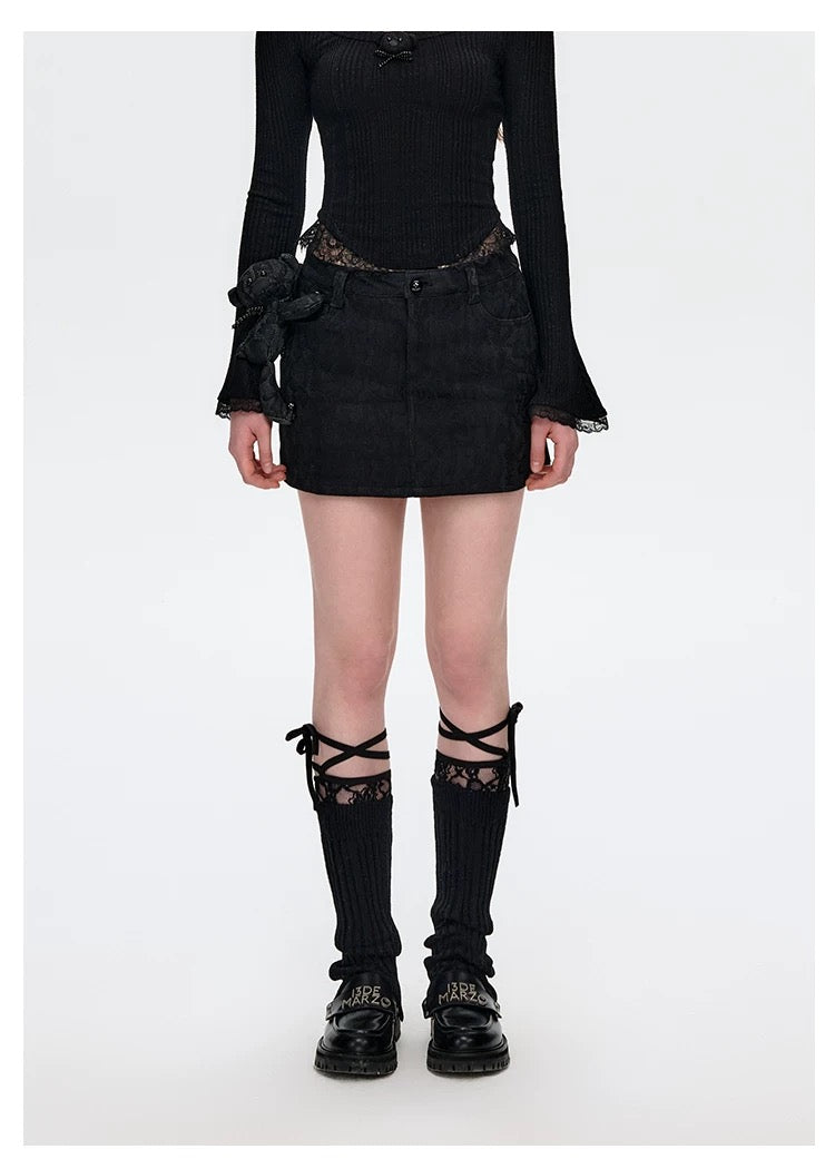 13DE MARZO Bear Lacy Denim Skirt Black