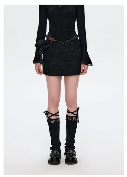 13DE MARZO Bear Lacy Denim Skirt Black