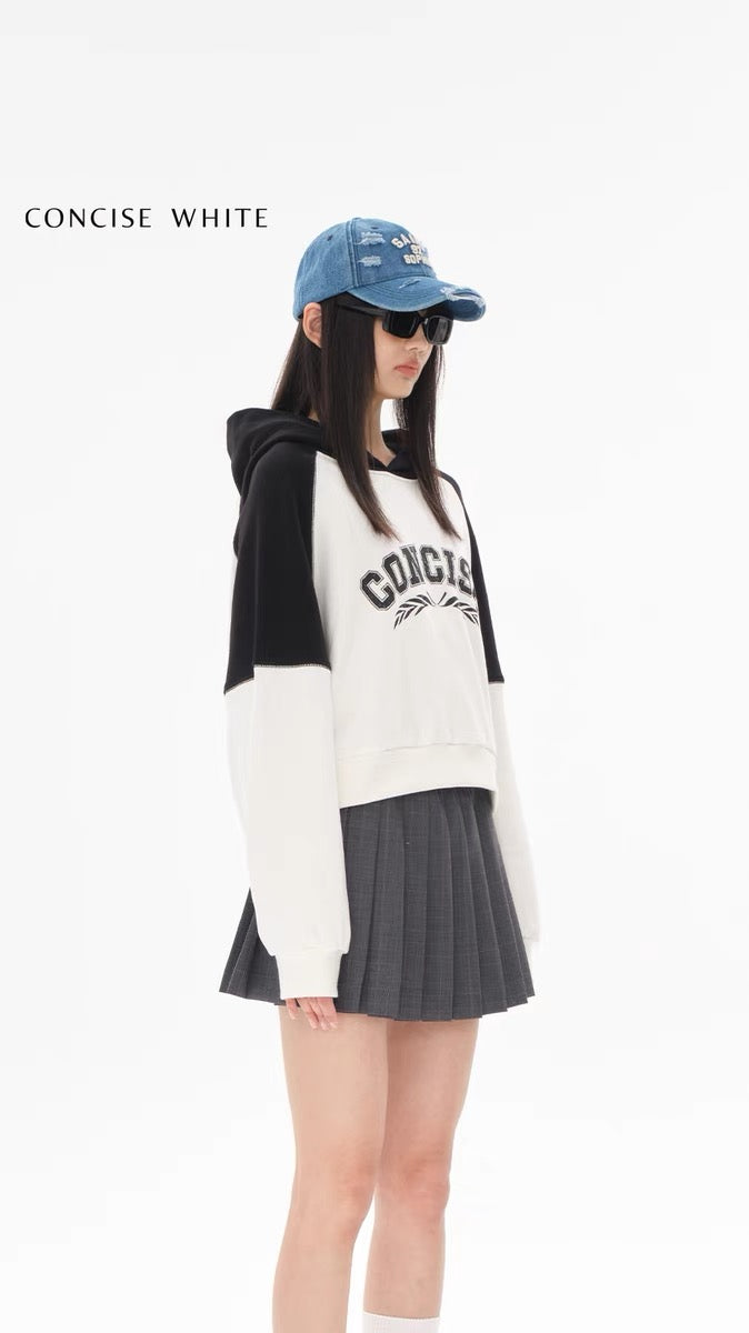 Concise-White Black and White Patchwork Sweater Hoodie