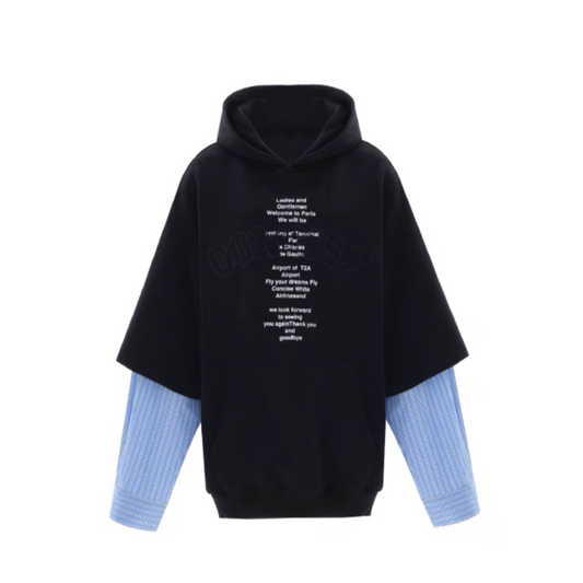 Concise-White Fake Two-Piece Loose Hoodie Black/Blue