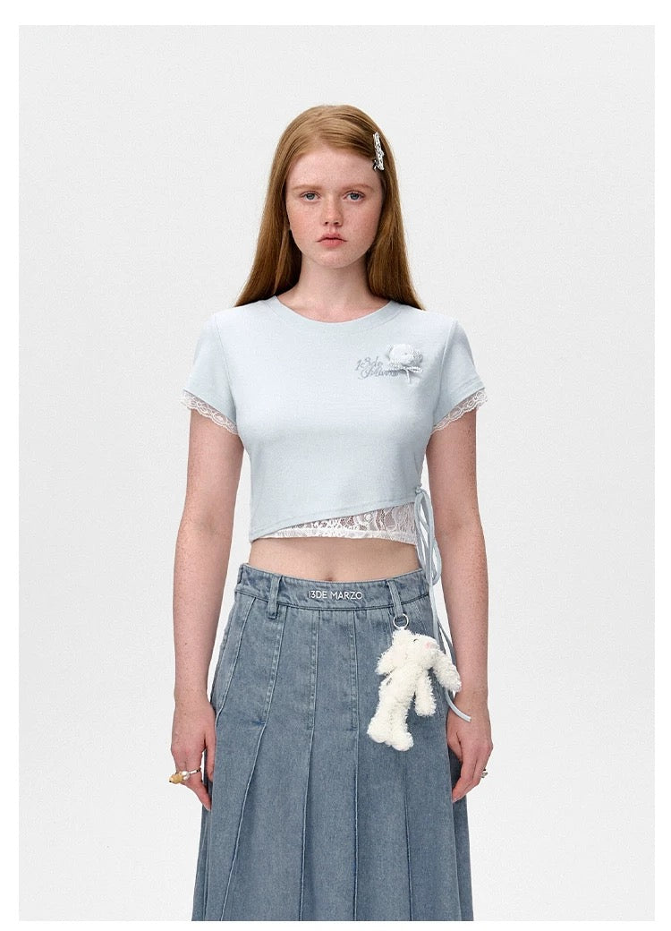 13DE MARZO Bear Lacy Tight Short Top Blue