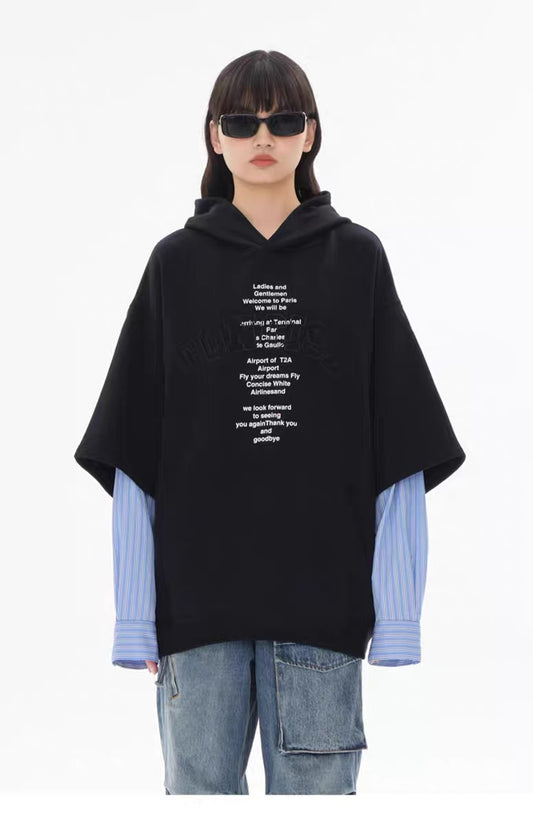 Concise-White Fake Two-Piece Loose Hoodie Black/Blue