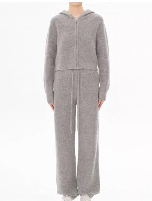Concise-White Knitted Sweatshirt and Sweatpants Set Grey