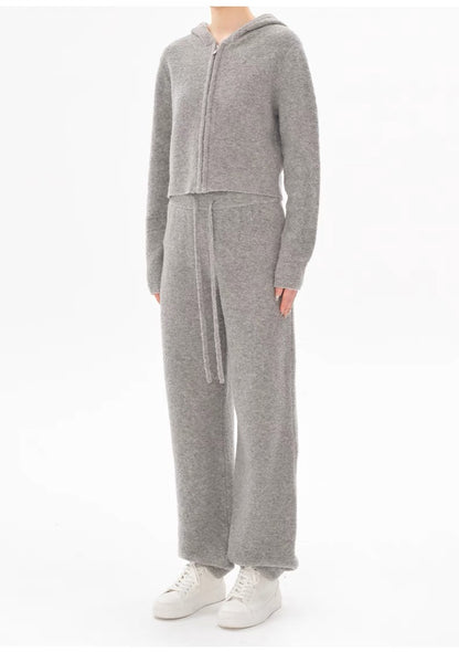 Concise-White Knitted Sweatshirt and Sweatpants Set Grey