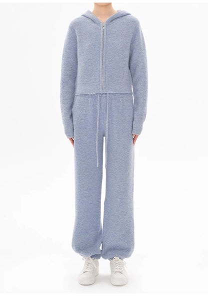 Concise-White Knitted Sweatshirt and Sweatpants Set Blue