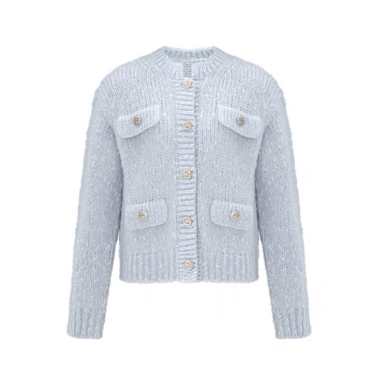 Concise-White Tweed Knitted Cardigan Baby Blue