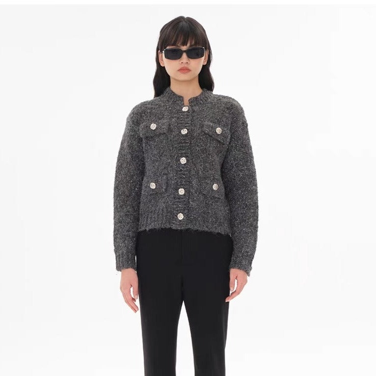 Concise-White Tweed Knitted Cardigan Grey