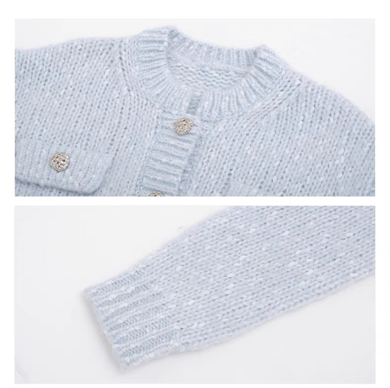 Concise-White Tweed Knitted Cardigan Baby Blue