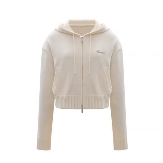 Concise-White Logo Knitted Short Hooded Cardigan and Dress Set White
