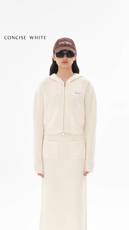 Concise-White Logo Knitted Short Hooded Cardigan and Dress Set White