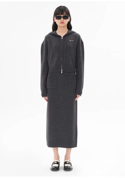 Concise-White Logo Knitted Short Hooded Cardigan and Dress Set Dark Grey