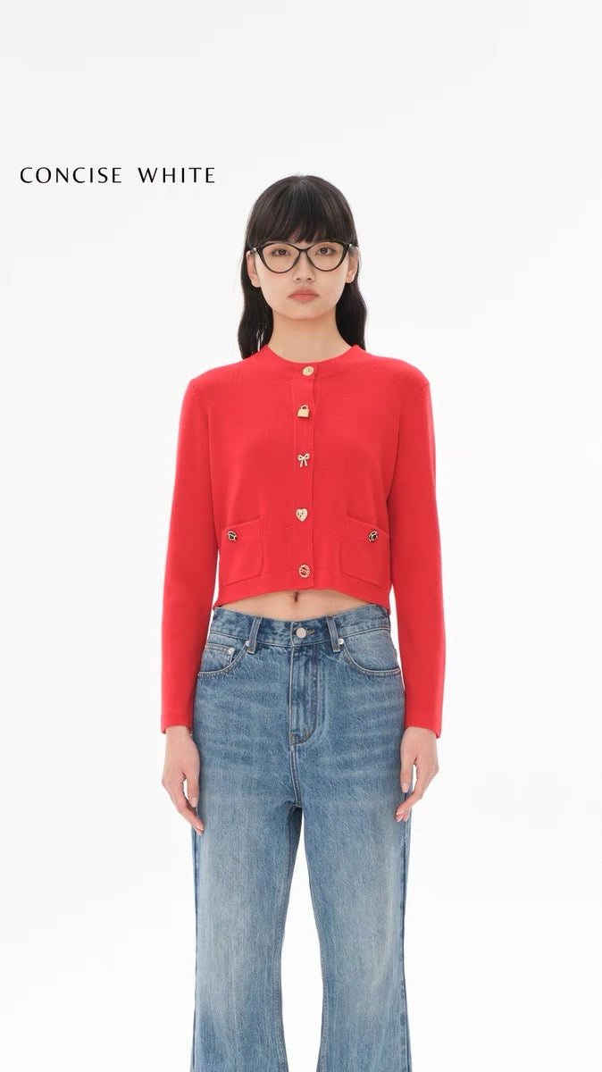 Concise-White Toy Button Short Cardigan Red
