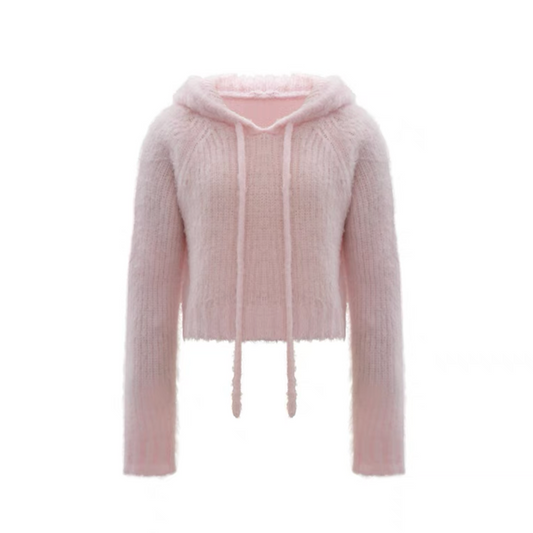 Concise-White Brushed Pullover Wool Hoodie Pink