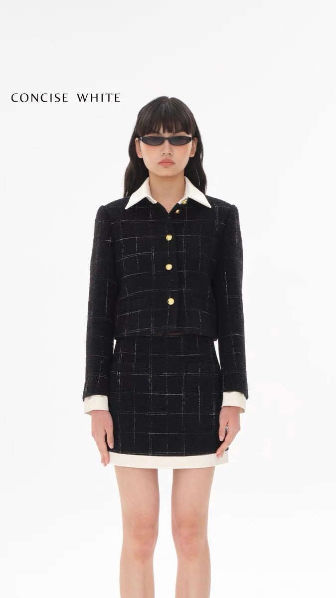 Concise-White Plaid Patchwork Lapel Wool Short Coat and Skirt Set