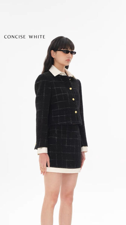 Concise-White Plaid Patchwork Lapel Wool Short Coat and Skirt Set