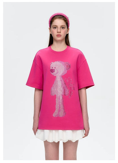 13DE MARZO Rhinstone T-Shirt Rose Red