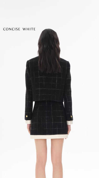 Concise-White Plaid Patchwork Lapel Wool Short Coat and Skirt Set