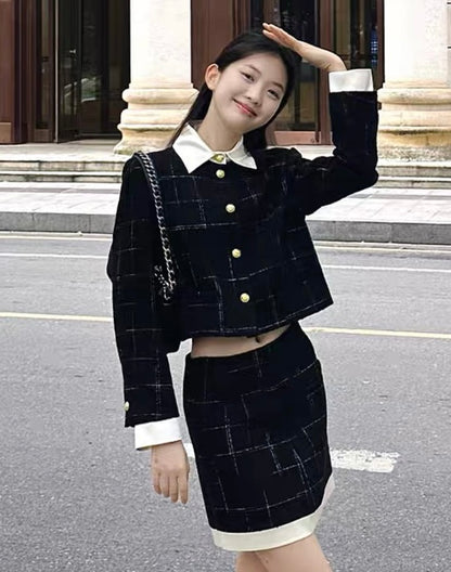 Concise-White Plaid Patchwork Lapel Wool Short Coat and Skirt Set