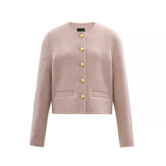 Concise-White Gold Buckle Roundneck Wool Short Coat Pink