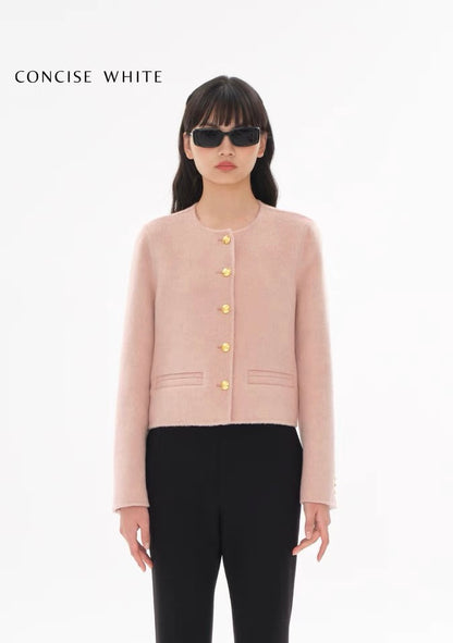 Concise-White Gold Buckle Roundneck Wool Short Coat Pink