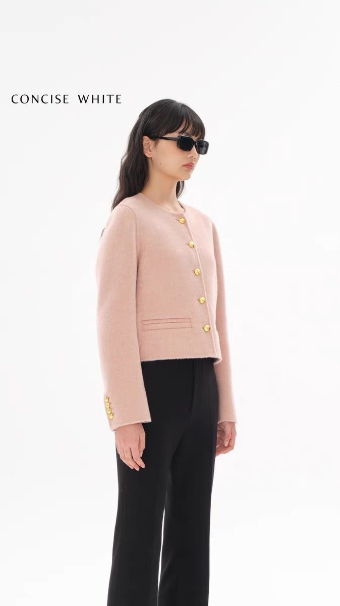 Concise-White Gold Buckle Roundneck Wool Short Coat Pink