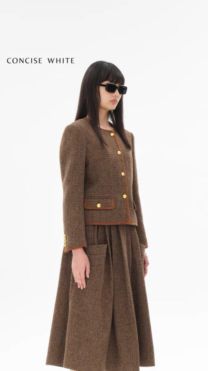 Concise-White Plaid Patchwork Roundneck Wool Short Coat Coffee